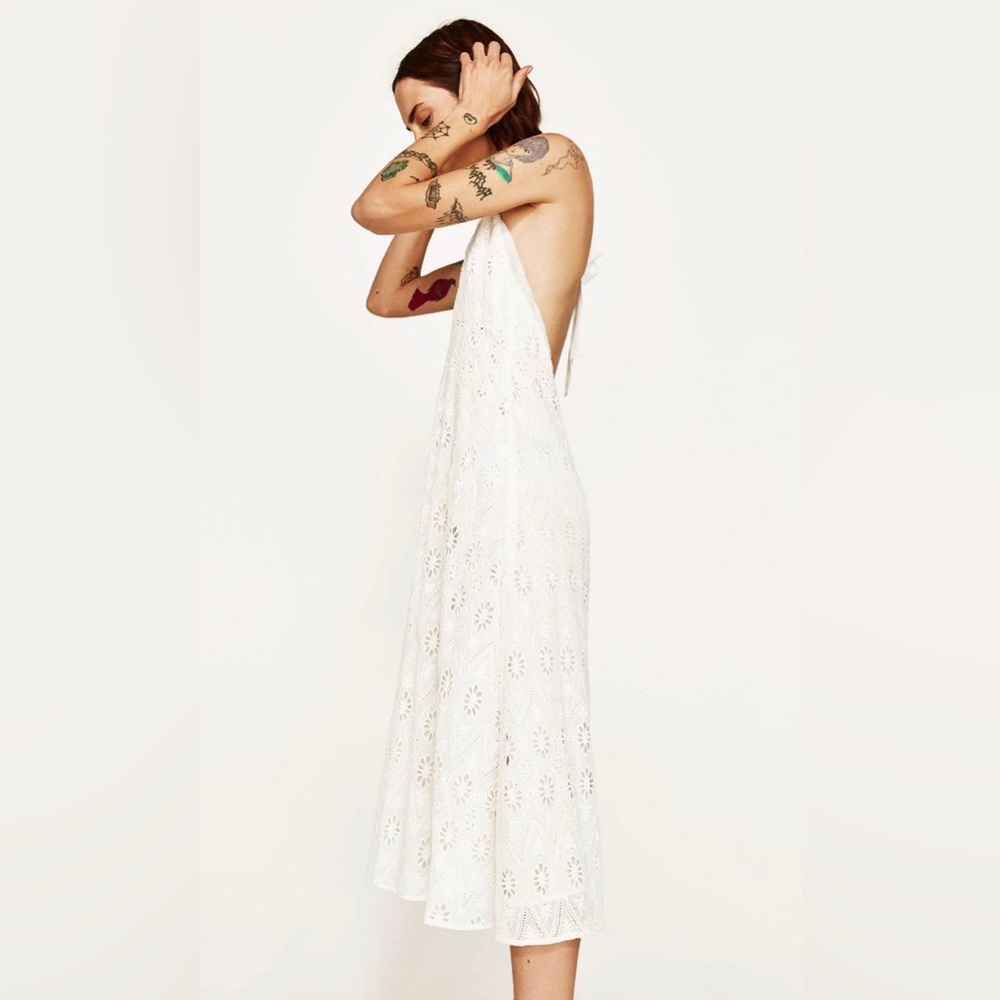 🕊️✨ ZARA White Eyelet Halter Midi Dress ✨🌿 - Picture 5 of 13